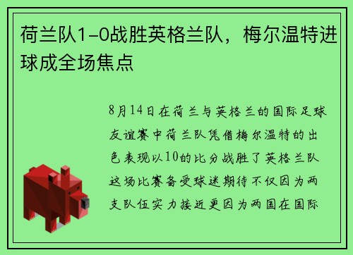 荷兰队1-0战胜英格兰队，梅尔温特进球成全场焦点